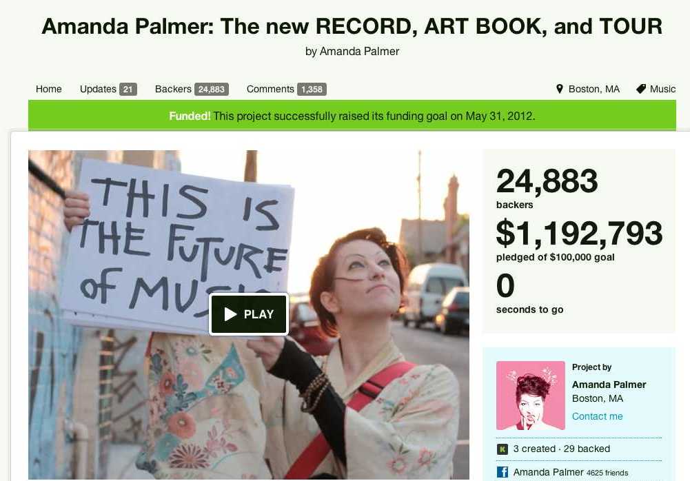 Amanda believes in freeing music and the artist, but " (I)n order for artists to survive and create, their audiences need to step up and directly support them.” 24, 883 of her fans stepped up. Image source: http://www.kickstarter.com/projects/amandapalmer/amanda-palmer-the-new-record-art-book-and-tour